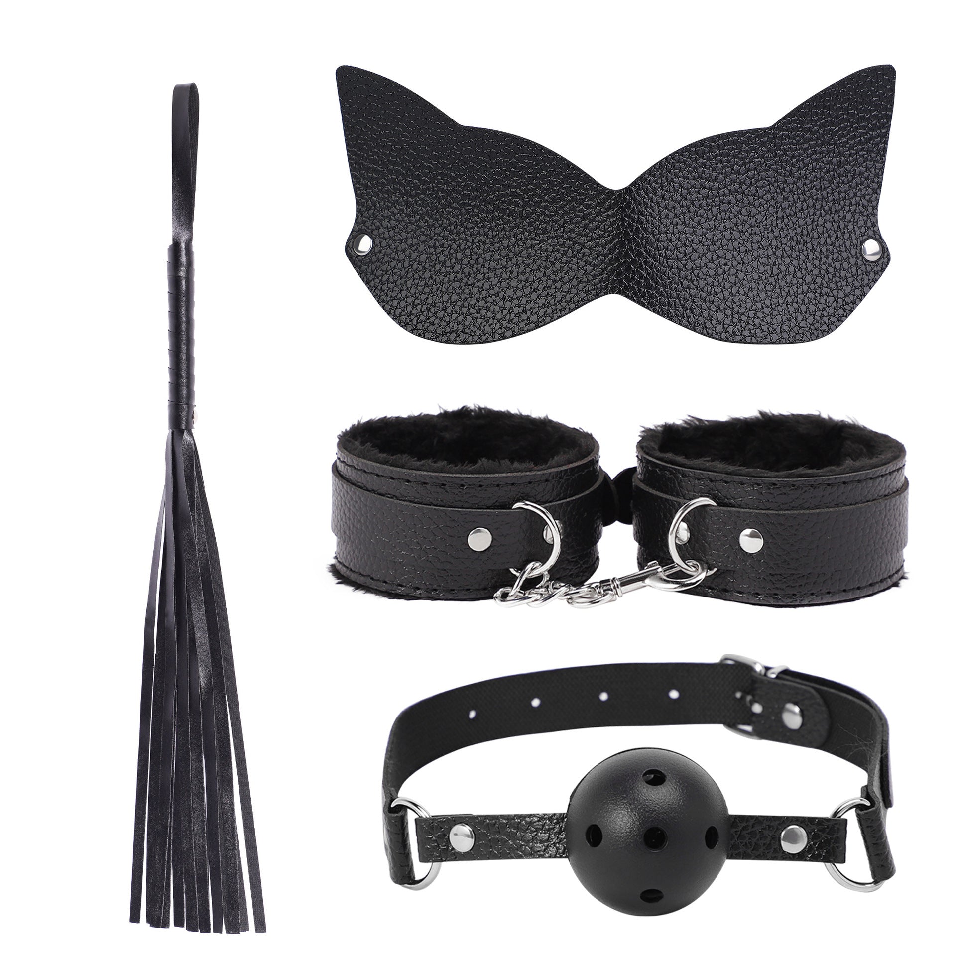 Sexy 4-Piece BDSM Kit for Couples – Blindfold, Cuffs, Ball Gag & Flogger