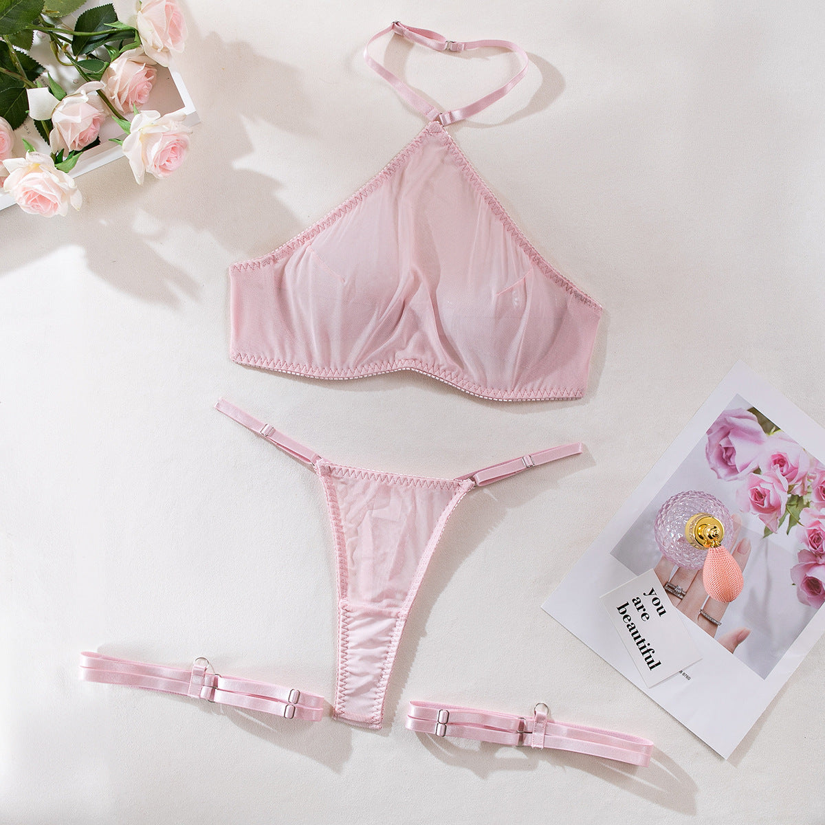 Sexy Lingerie Sheer Mesh Halter Set – Transparent 3-Piece with Leg Harness