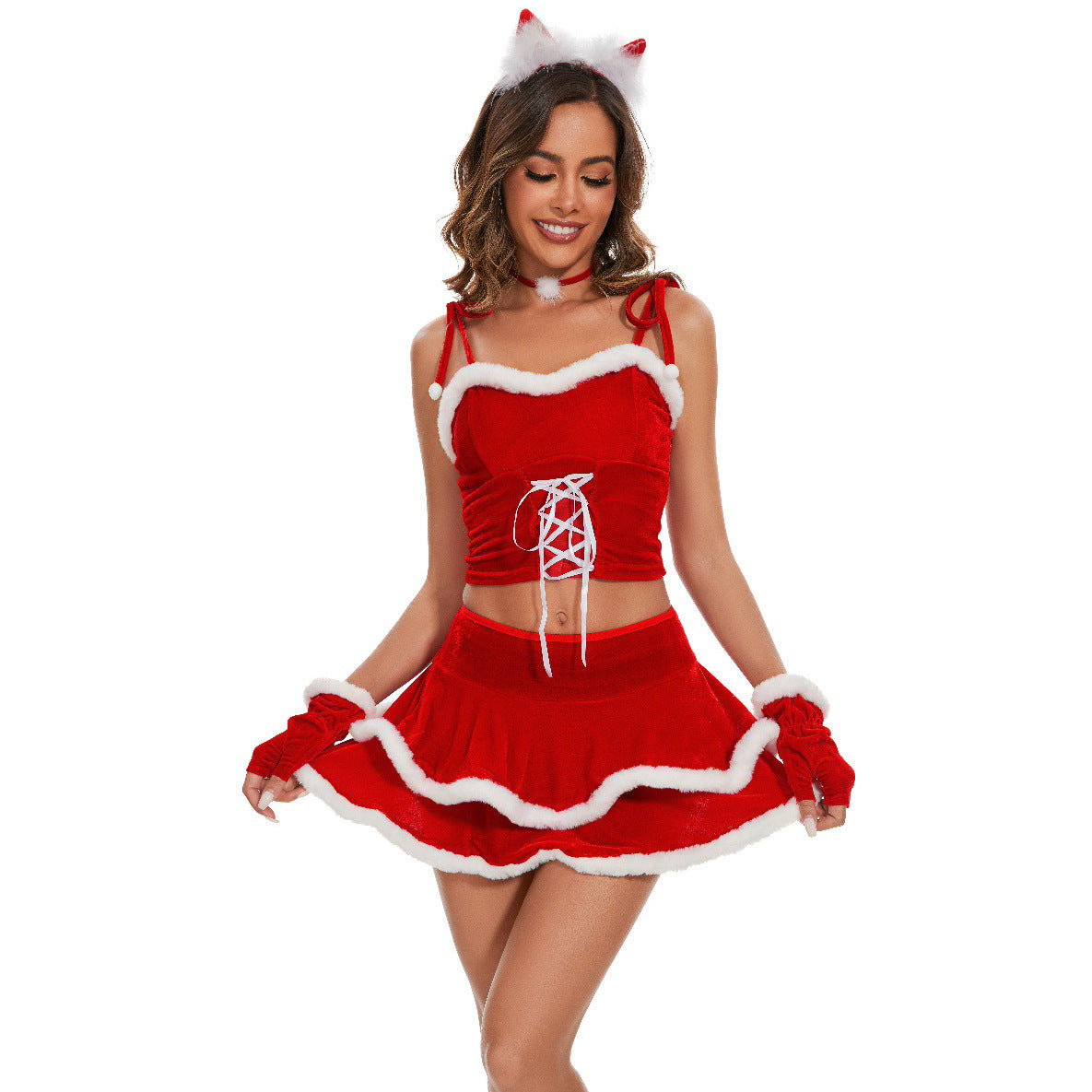 Cosplay Christmas Costume with Red Cape and Faux Fur Trim for Women