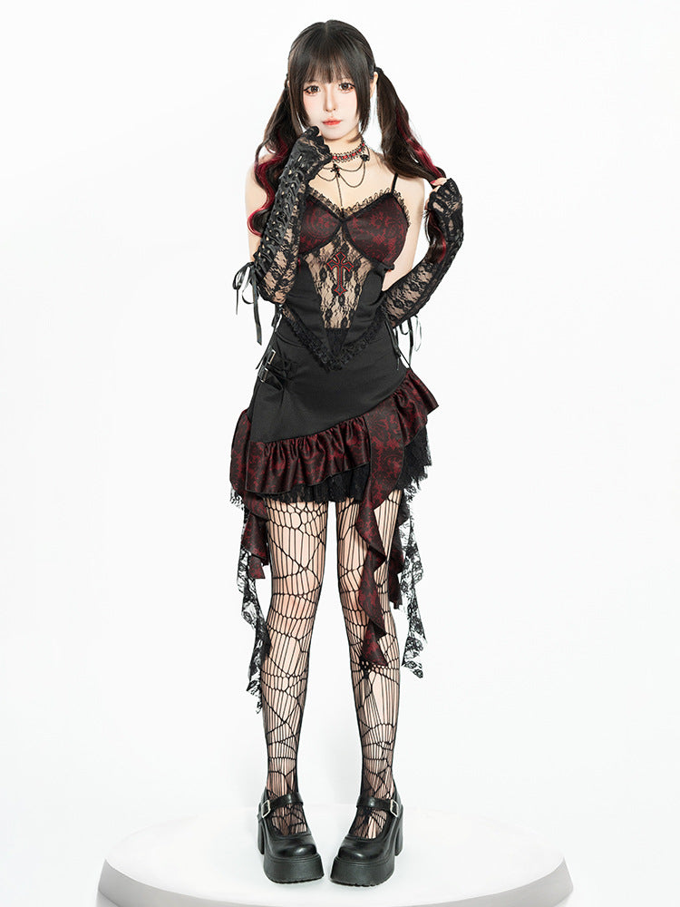 2025 Dark Gothic Cosplay Black and Red Lace Dress Set – Alternative Fashion Outfit