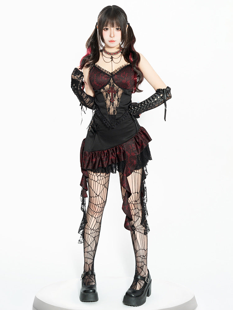 2025 Dark Gothic Cosplay Black and Red Lace Dress Set – Alternative Fashion Outfit