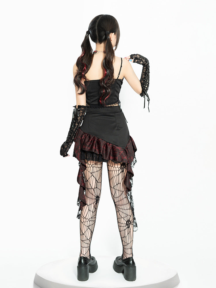 2025 Dark Gothic Cosplay Black and Red Lace Dress Set – Alternative Fashion Outfit