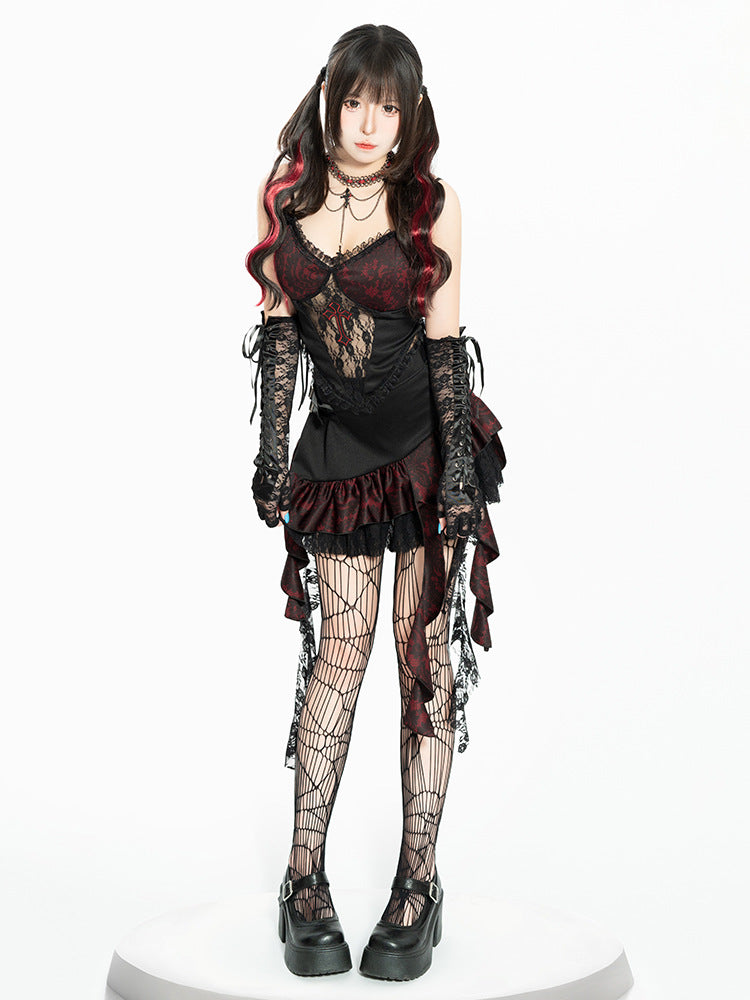 2025 Dark Gothic Cosplay Black and Red Lace Dress Set – Alternative Fashion Outfit