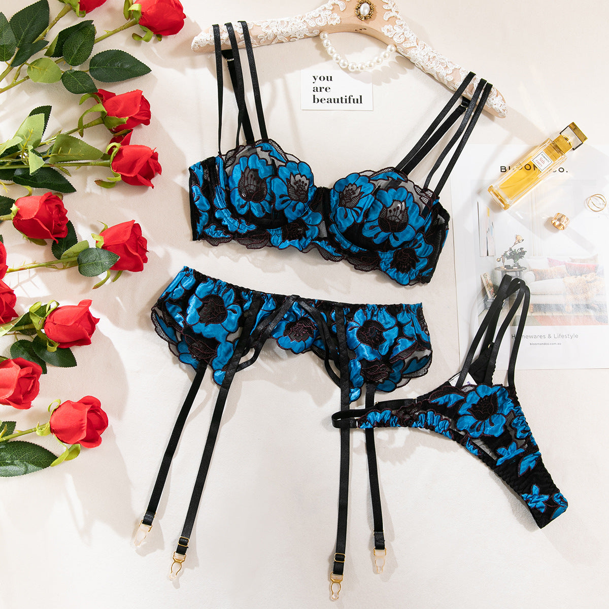 Sexy Lingerie Three-Piece Set with Intricate Embroidery – Sheer Underwire Bra and High-Waist Panty for Women