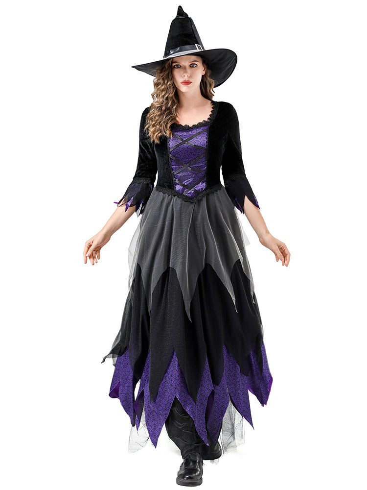 2025 Halloween Witch Cosplay Costume – Black and Purple Vampire-Style Dress for Women