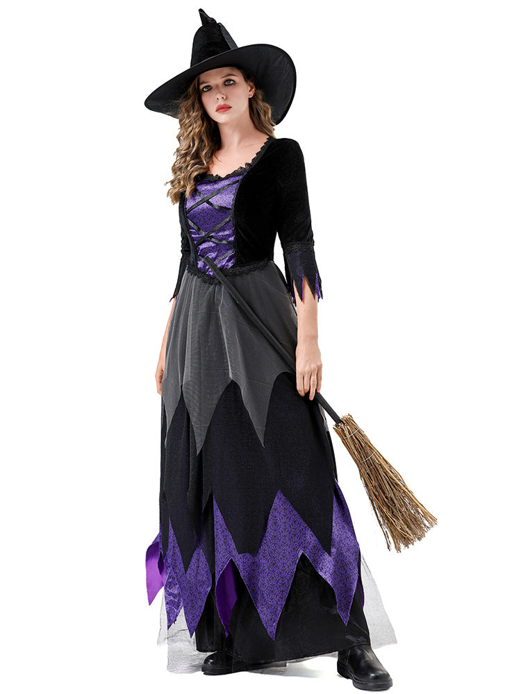 2025 Halloween Witch Cosplay Costume – Black and Purple Vampire-Style Dress for Women