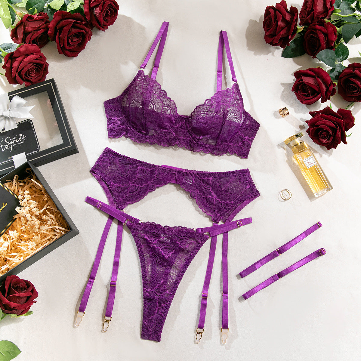 Sexy Lace Lingerie Set with Underwire Bra and Garter Belt – Sheer Sculpting Design