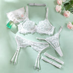 Sexy Lingerie 5-Piece Set – Sheer Lace Bra, Garter Belt, Thong & Choker Ensemble