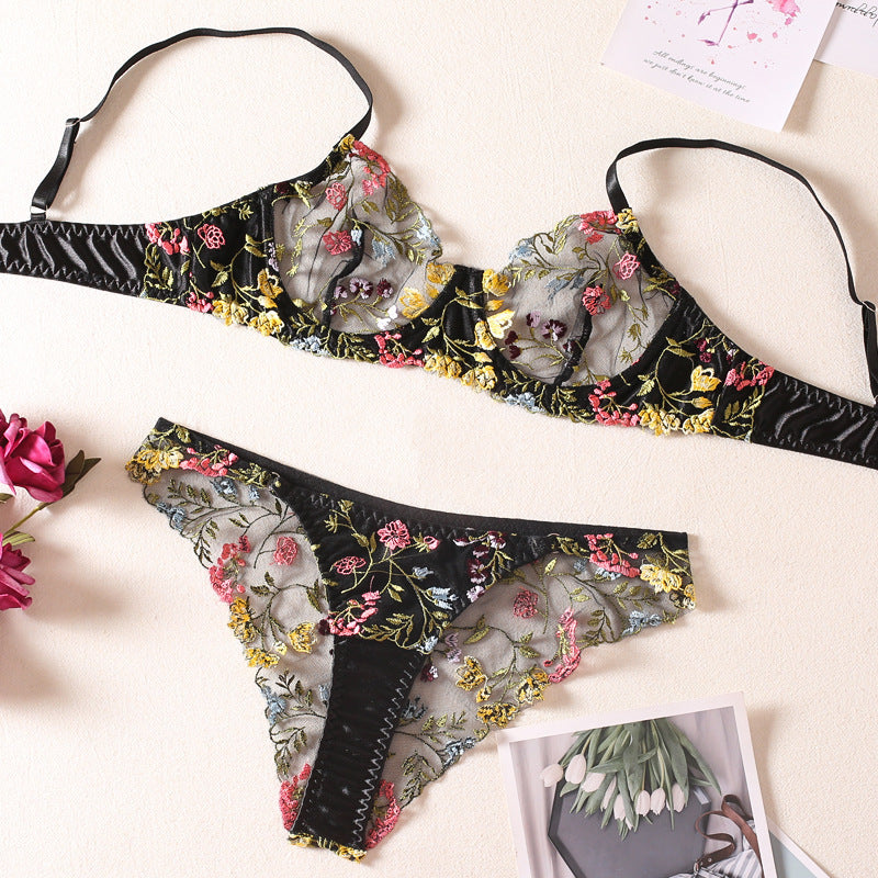 Floral Embroidered Sexy Lingerie Bra and Thong Set