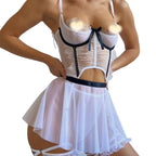 Sexy Lingerie Set – French Sheer Lace Bustier with Garter Skirt & Leg Straps (5-Piece)