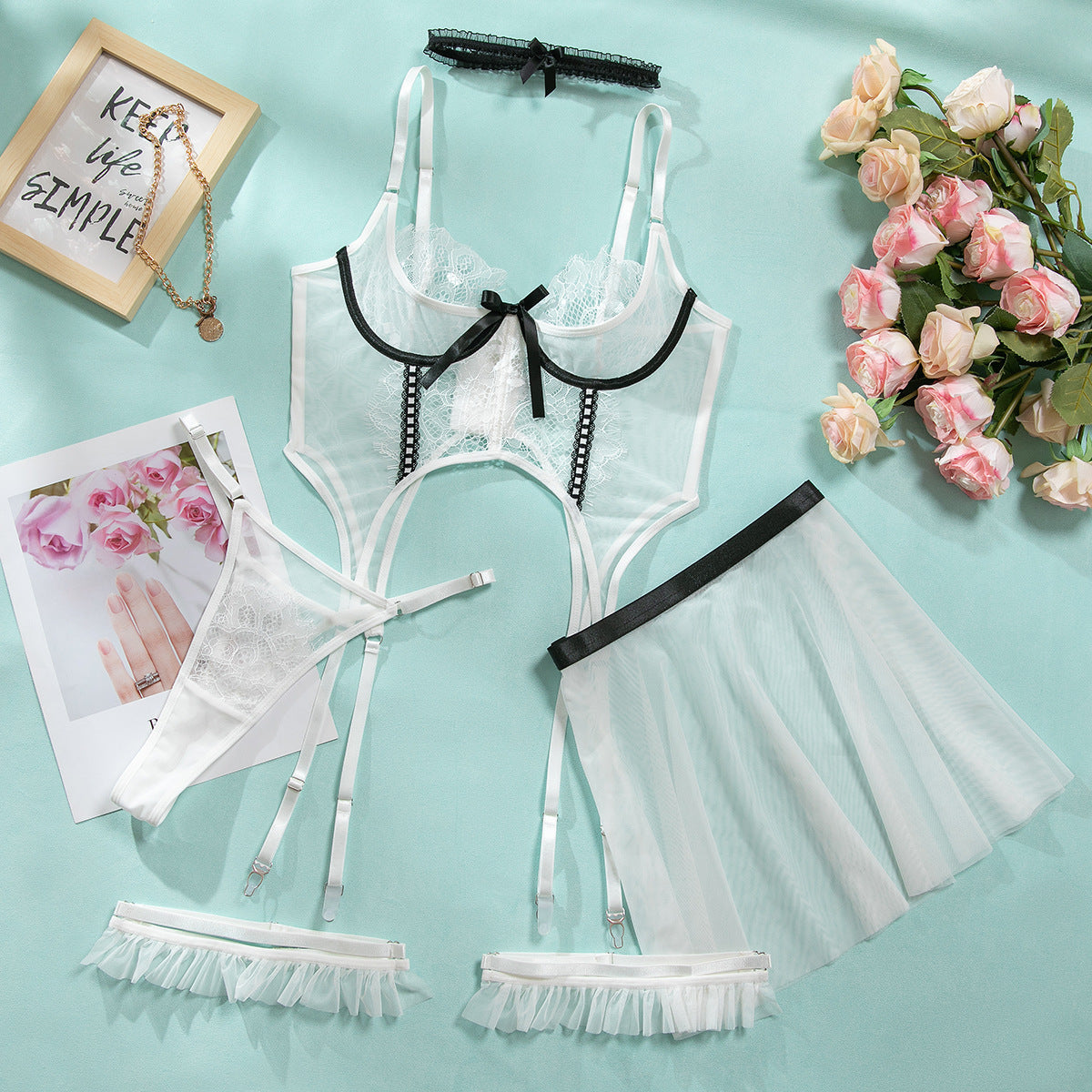 Sexy Lingerie Set – French Sheer Lace Bustier with Garter Skirt & Leg Straps (5-Piece)