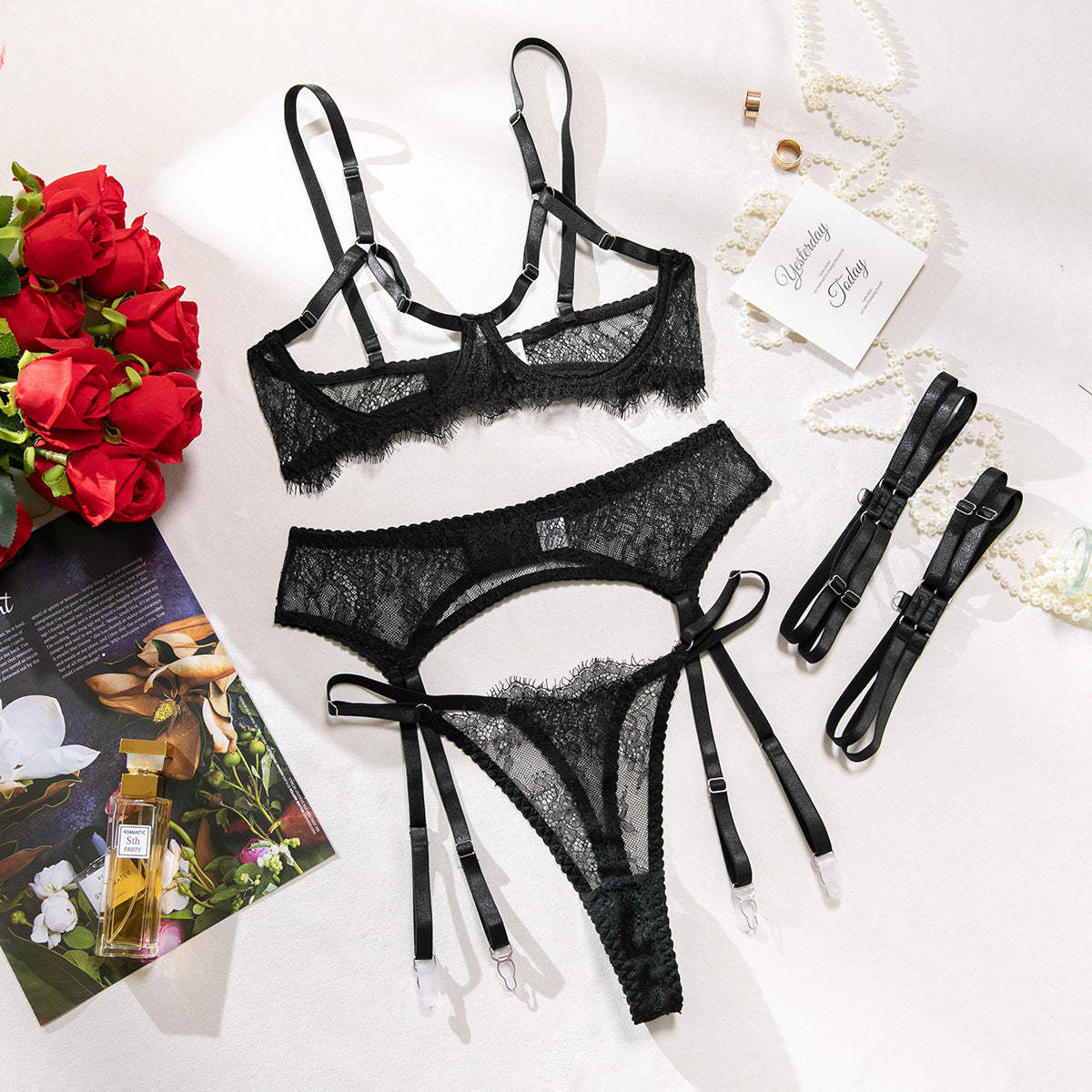 Sexy Lace Open Cup Lingerie Set – Sheer 4-Piece Garter Belt & Thong Set