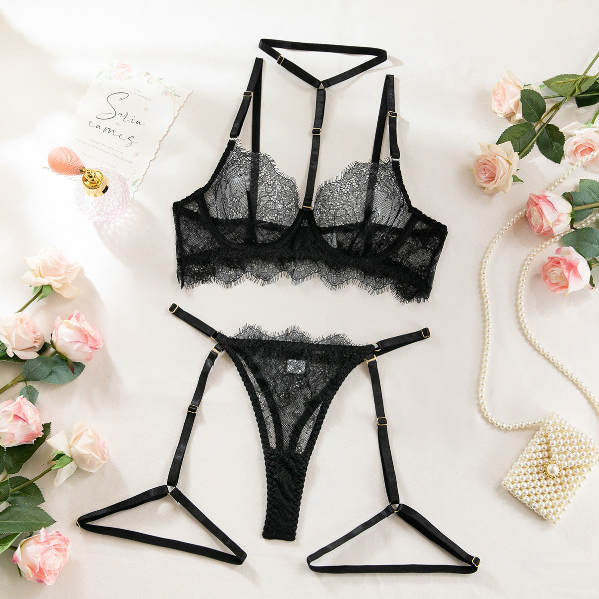 Sexy Sheer Lace Lingerie Set – 4-Piece Halter Bra & Adjustable Leg Garter Harness