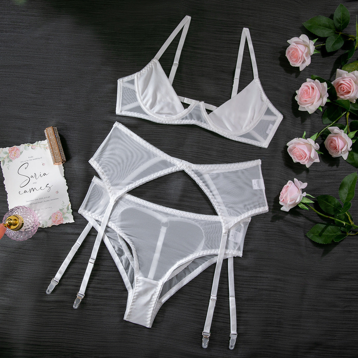 Sexy Lingerie Set – Open Cup Bra with Tassel Pasties & High-Waist Sheer Panties