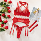 Sexy Lace Lingerie Set – 4-Piece Halter Bra, Garter Belt, Sheer Panty & Straps