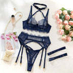 Sexy Lace Lingerie Set – 4-Piece Halter Bra, Garter Belt, Sheer Panty & Straps