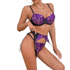 Sexy Embroidered Mesh Lingerie Set – Sheer Bra, G-String & Garter Belt