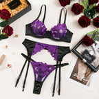 Sexy Embroidered Mesh Lingerie Set – Sheer Bra, G-String & Garter Belt
