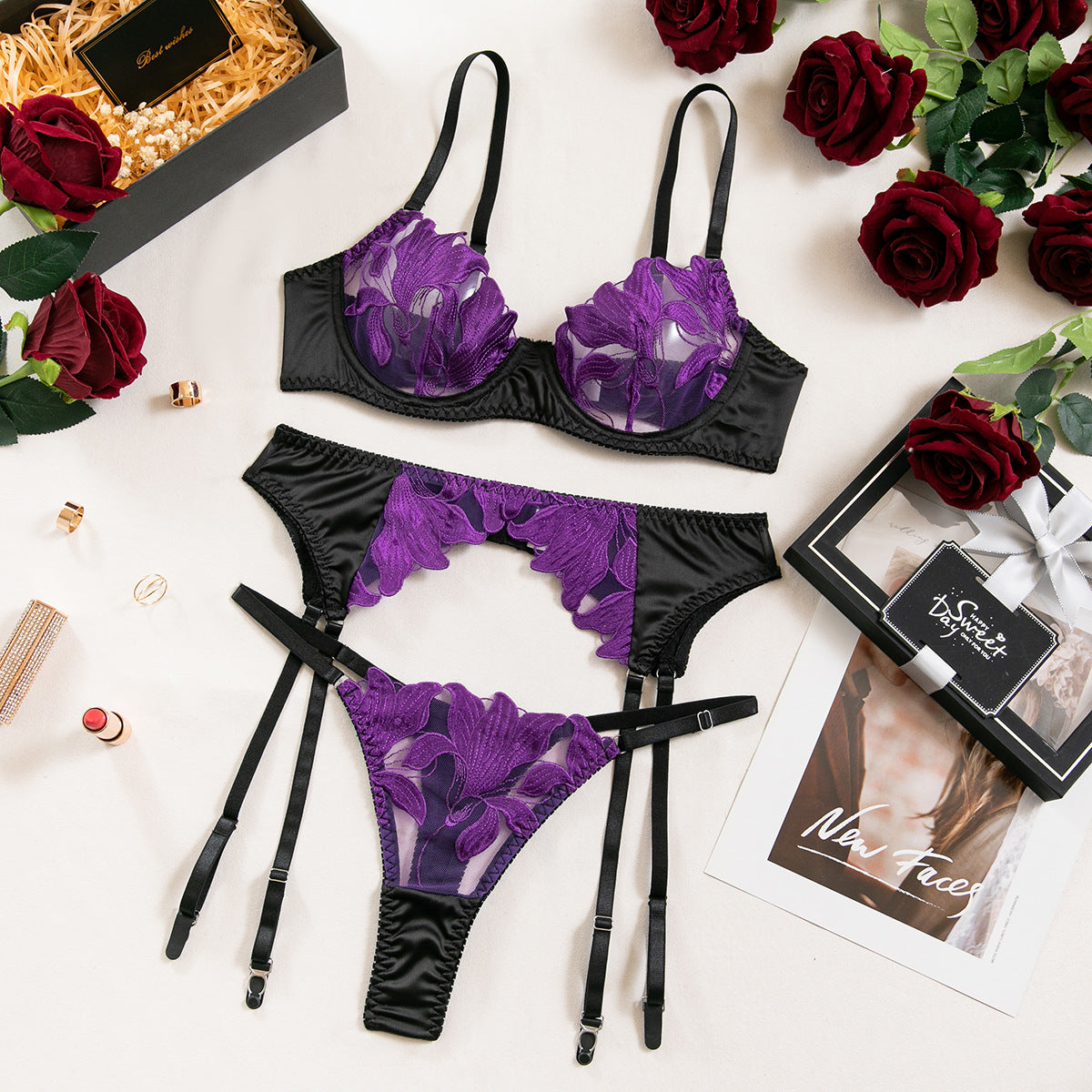 Sexy Embroidered Mesh Lingerie Set – Sheer Bra, G-String & Garter Belt