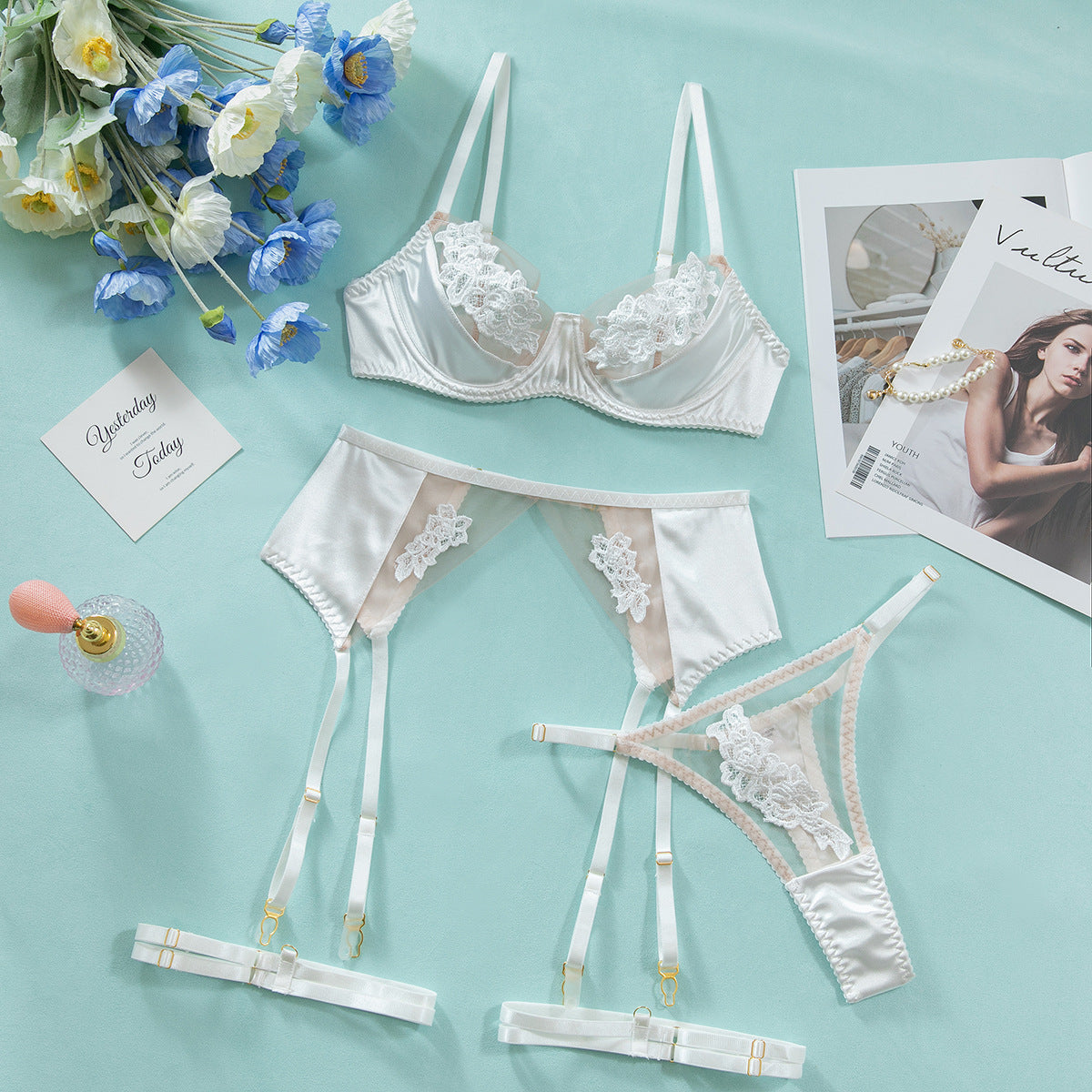 Sexy White Lingerie Set – Embroidered Mesh Bra, Garter Belt and Panty 3-Piece