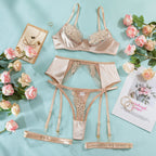 Sexy White Lingerie Set – Embroidered Mesh Bra, Garter Belt and Panty 3-Piece