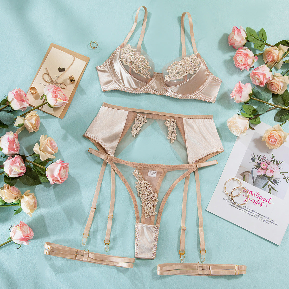 Sexy White Lingerie Set – Embroidered Mesh Bra, Garter Belt and Panty 3-Piece