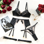 Sexy White Lingerie Set – Embroidered Mesh Bra, Garter Belt and Panty 3-Piece