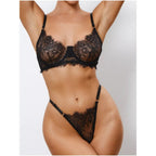 Sexy Black Lace Lingerie Set – Sheer Bra and Thong Two-Piece for Women