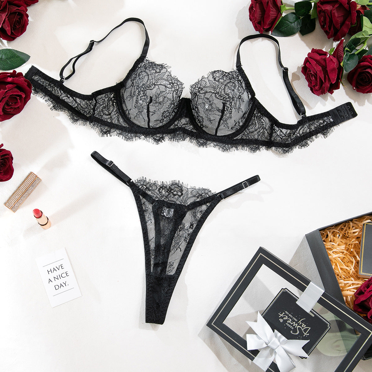 Sexy Black Lace Lingerie Set – Sheer Bra and Thong Two-Piece for Women