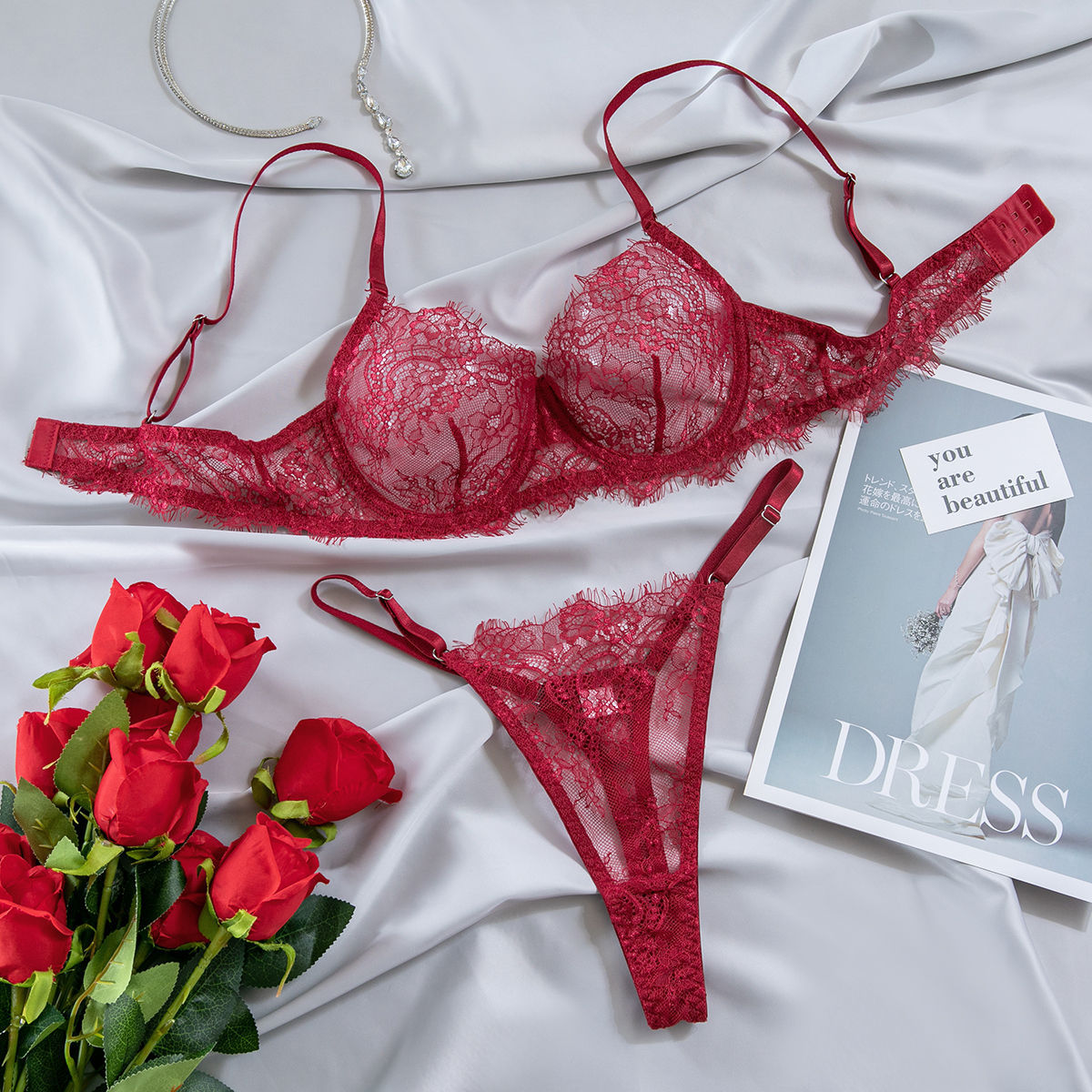 Sexy Black Lace Lingerie Set – Sheer Bra and Thong Two-Piece for Women