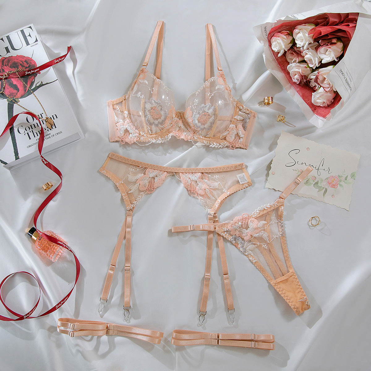 Sexy Embroidered Lace Lingerie Set with Sheer Mesh and Satin Straps
