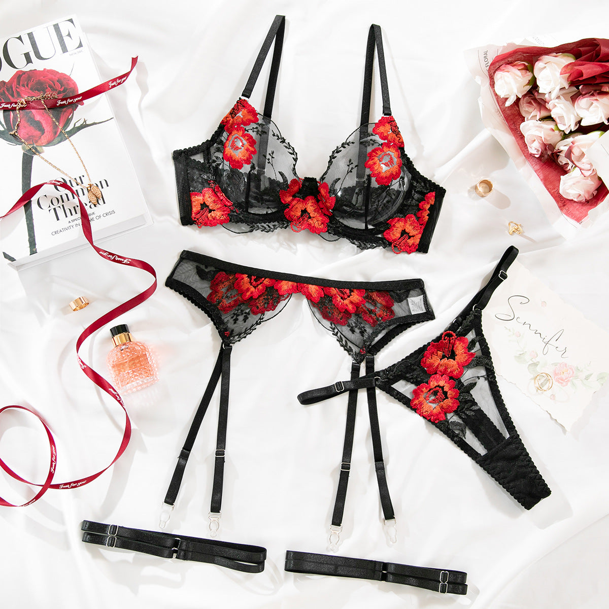 Sexy Embroidered Lace Lingerie Set with Sheer Mesh and Satin Straps