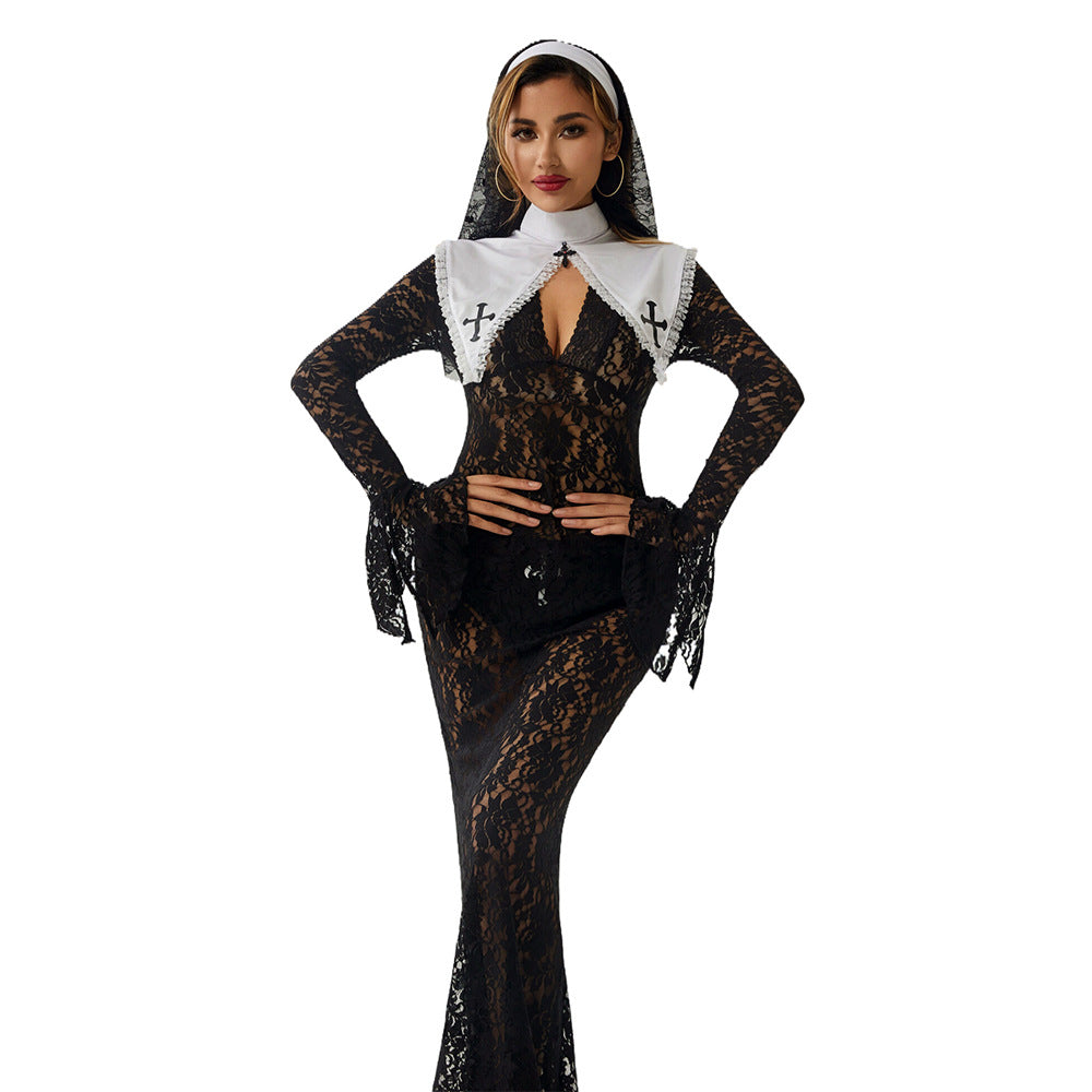 Sexy Lace Halloween Long Dress Costume – Black Cosplay Lingerie for Women
