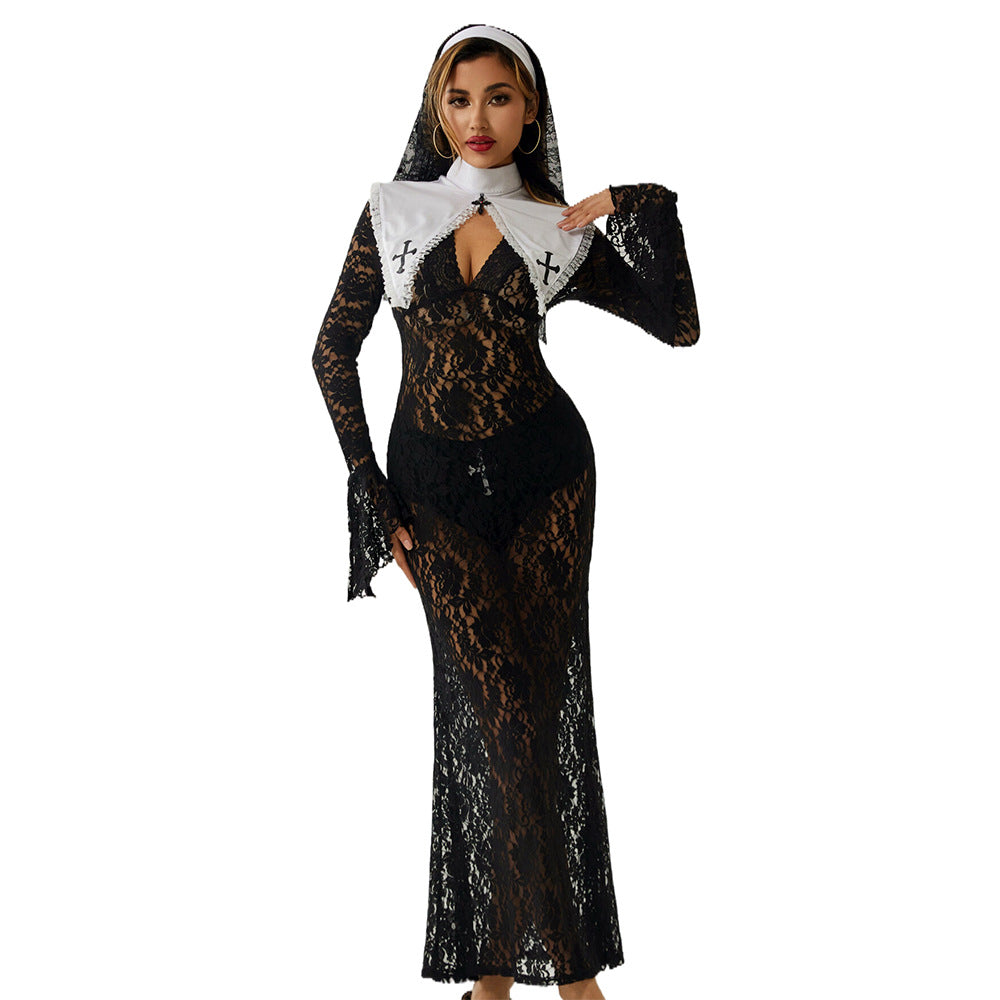 Sexy Lace Halloween Long Dress Costume – Black Cosplay Lingerie for Women