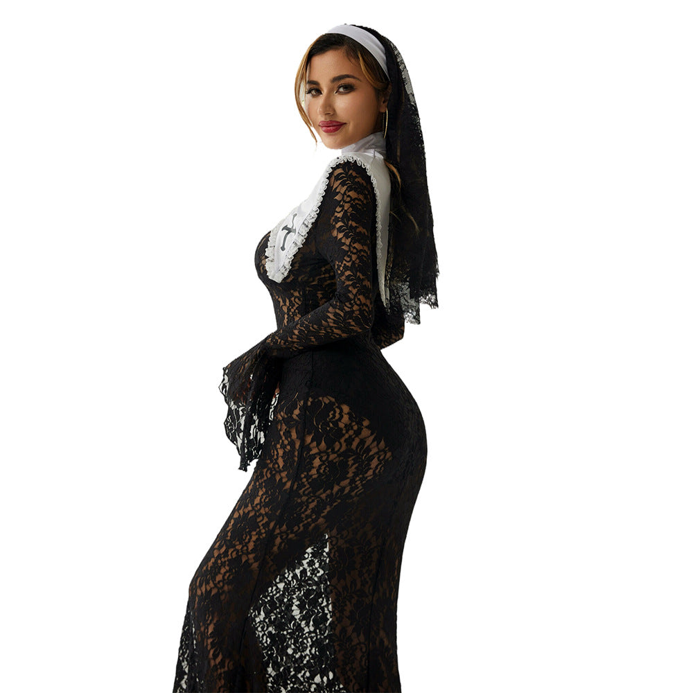Sexy Lace Halloween Long Dress Costume – Black Cosplay Lingerie for Women