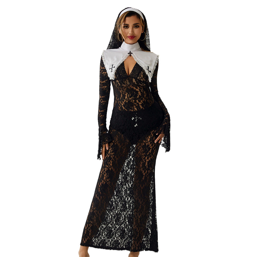Sexy Lace Halloween Long Dress Costume – Black Cosplay Lingerie for Women