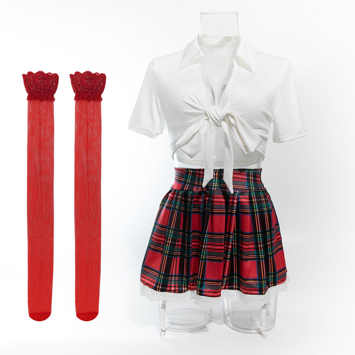 Sexy Lingerie JK Cosplay Set – Plaid Mini Skirt & Tie-Front Crop Top