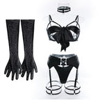 Sexy Lingerie Black Open Cup Tie Front Set with Gloves | Seductive Strappy Intimate Wear for Women
