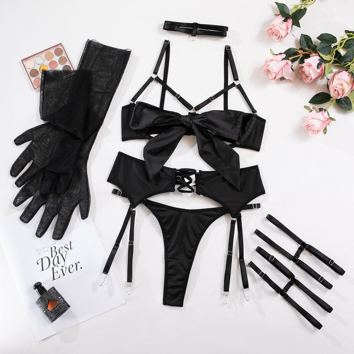 Sexy Lingerie Black Open Cup Tie Front Set with Gloves | Seductive Strappy Intimate Wear for Women
