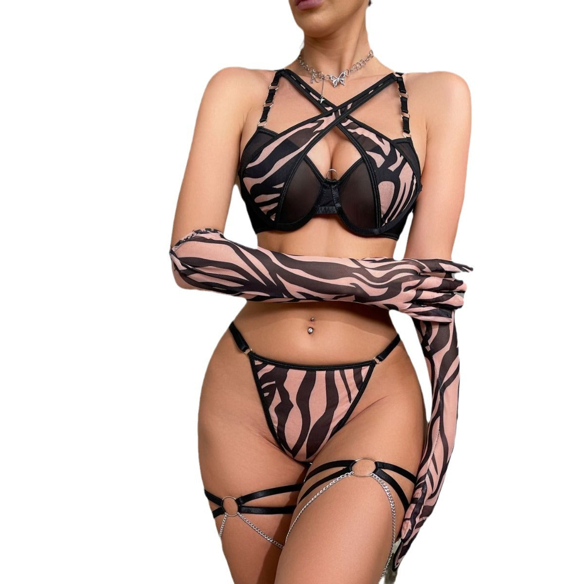 Sexy Pink Heart Mesh Lingerie Set with Matching Gloves - Playful and Sexy Lingerie for Women