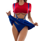 Sexy Lingerie Maid Costume with Red Crop Top and Blue Suspender Skirt | Flirty Roleplay Uniform for Women