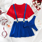 Sexy Lingerie Maid Costume with Red Crop Top and Blue Suspender Skirt | Flirty Roleplay Uniform for Women