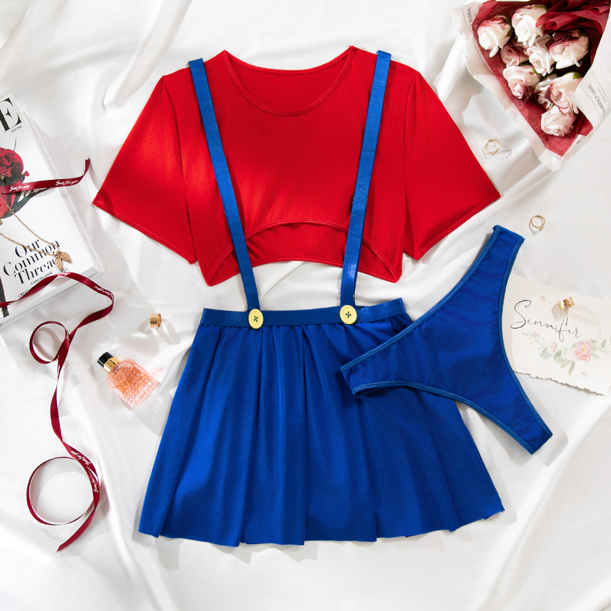 Sexy Lingerie Maid Costume with Red Crop Top and Blue Suspender Skirt | Flirty Roleplay Uniform for Women