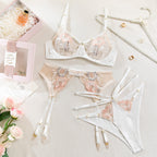 Sexy White Mesh Embroidered Lingerie Set – 3-Piece Bra, Garter Belt & Thong