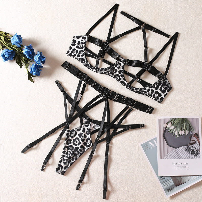 Sexy Lingerie Leopard Harness Set – Strappy Cut-Out Bra & Garter Panty with Stockings