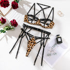 Sexy Lingerie Leopard Harness Set – Strappy Cut-Out Bra & Garter Panty with Stockings