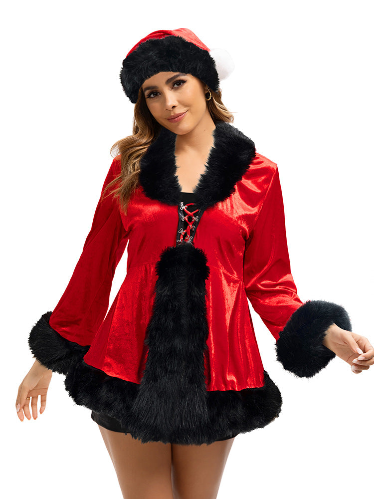 This red dress features soft, smooth fabric and plush white trim along the collar, cuffs, and hem — giving it a festive and luxurious finish.
