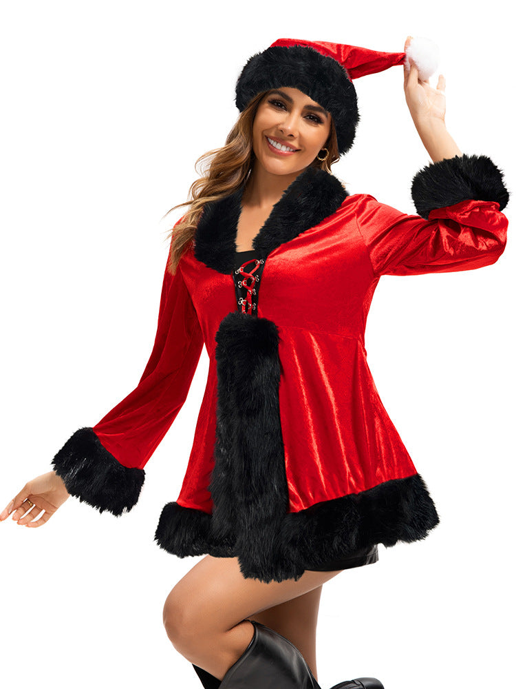 This red dress features soft, smooth fabric and plush white trim along the collar, cuffs, and hem — giving it a festive and luxurious finish.