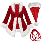 This red dress features soft, smooth fabric and plush white trim along the collar, cuffs, and hem — giving it a festive and luxurious finish.