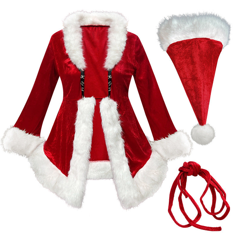 This red dress features soft, smooth fabric and plush white trim along the collar, cuffs, and hem — giving it a festive and luxurious finish.